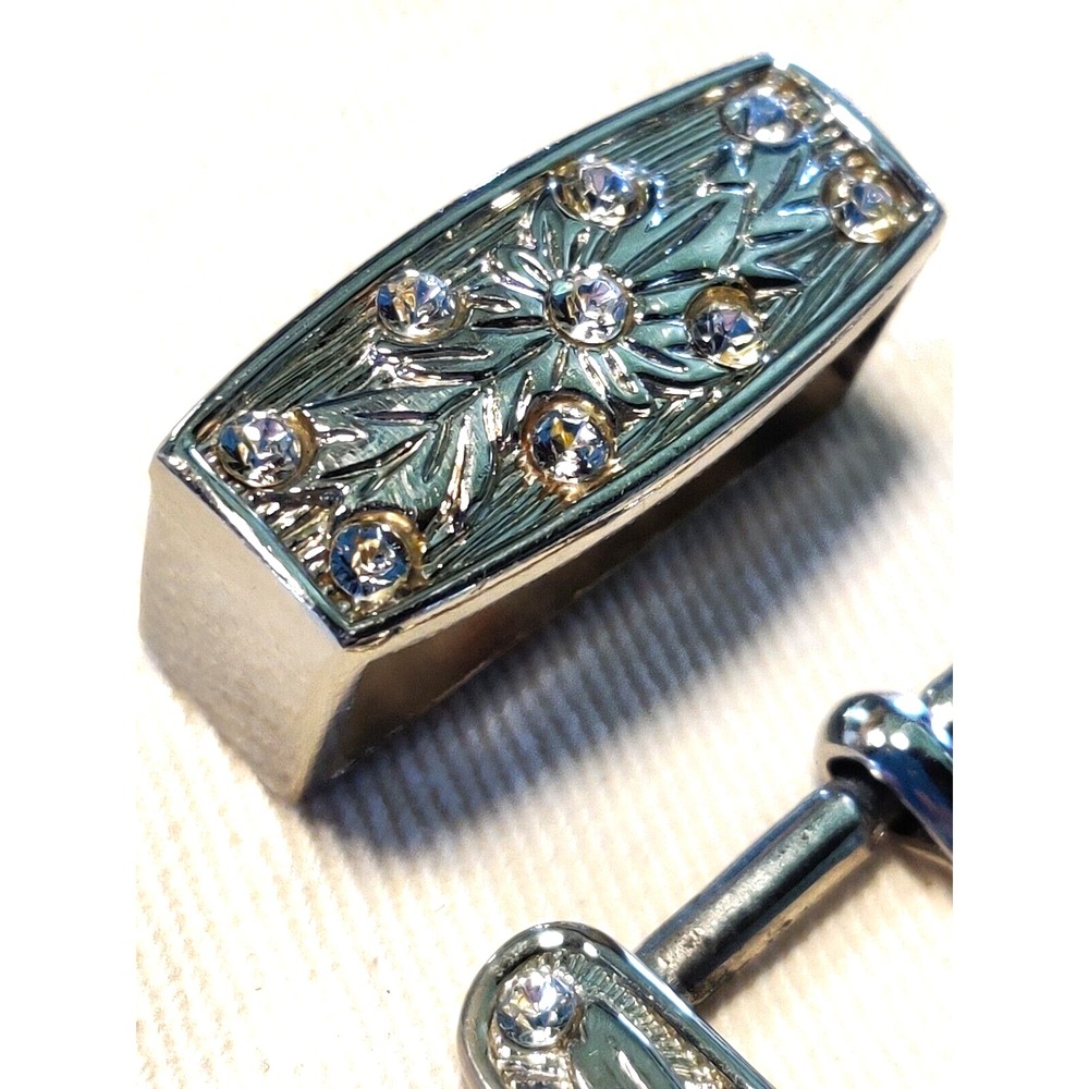 SILVER TONED DECORATIVE FLORAL FRAME STYLE WESTERN BELT BUCKLE CLEAR RHINESTONES - Picture 5 of 8